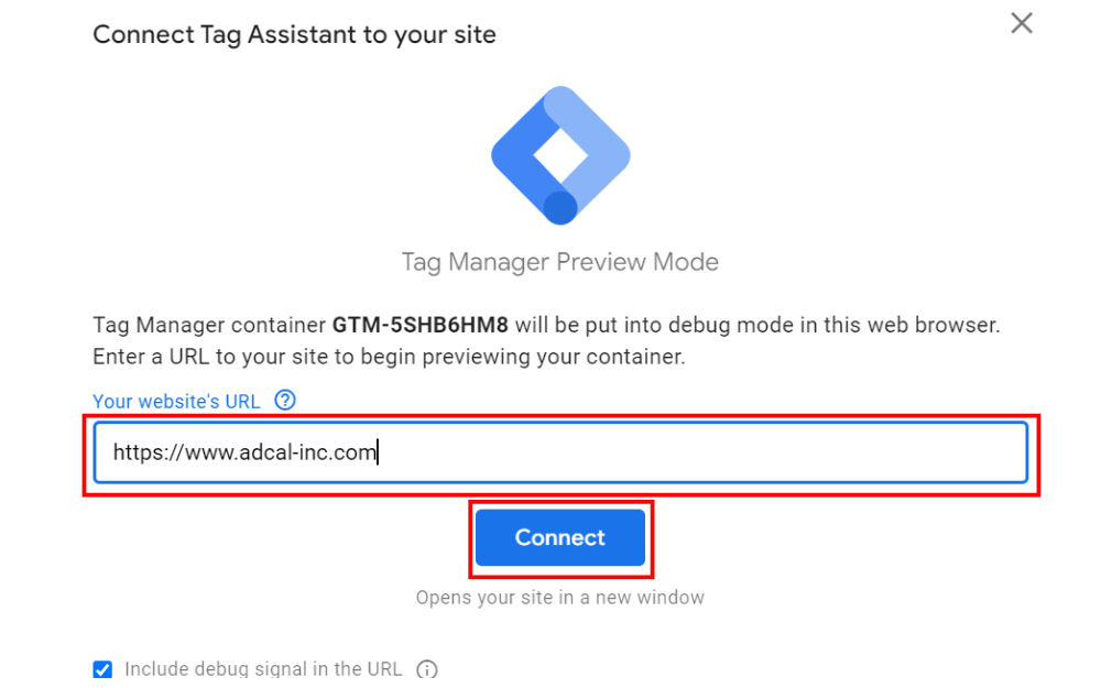 Googleタグマネージャーを設置したサイトのURLを入れて「Connect」ボタンを押します。