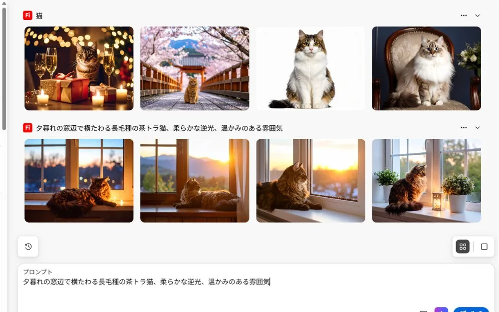 「猫」と「夕暮れの窓辺で横たわる長毛種の茶トラ猫、柔らかな逆光、温かみのある雰囲気」の違い