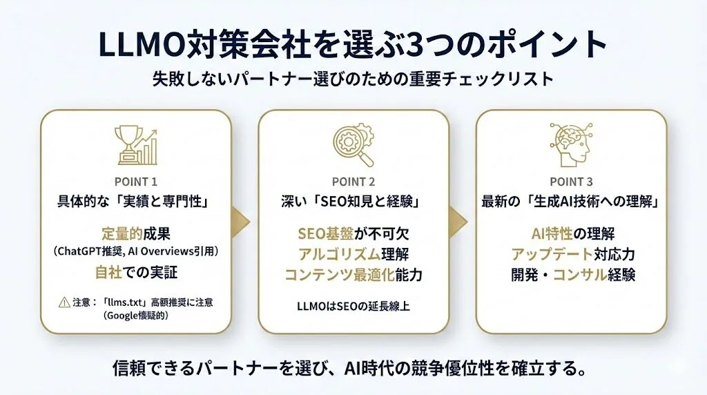 LLMO・GEO対策会社を選ぶ3つのポイント