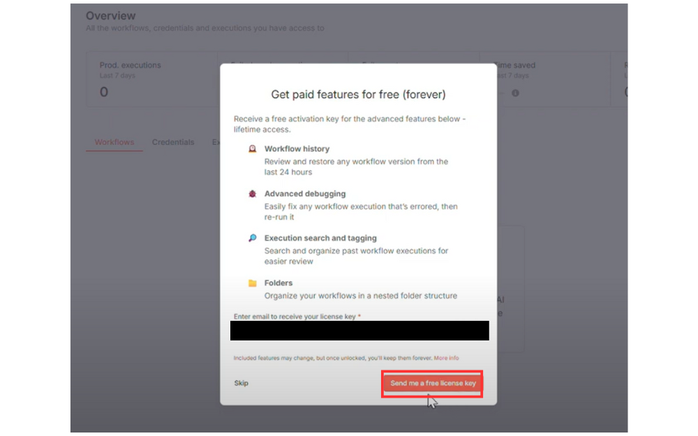 アンケートに回答して、下記の画面が表示されたら「Send me a free license key」のボタンをクリックします。