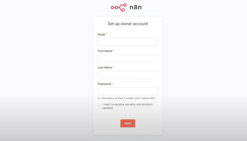 すると、下記の通り、n8nのログイン画面がでるので各項目を入力して「Next」を押します。