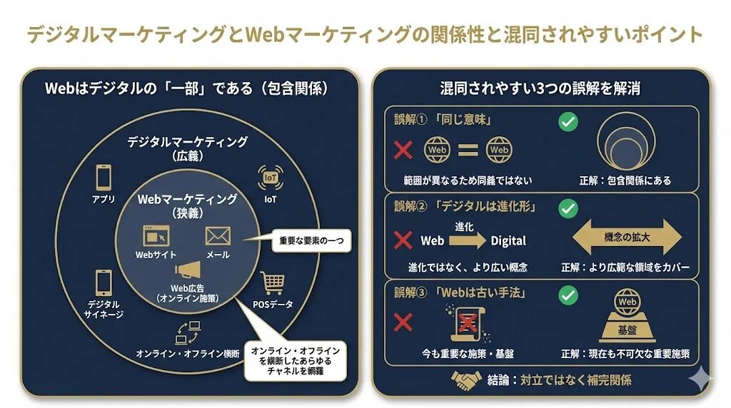 デジタルマーケティングとWebマーケティングの関係性と混同されやすいポイント