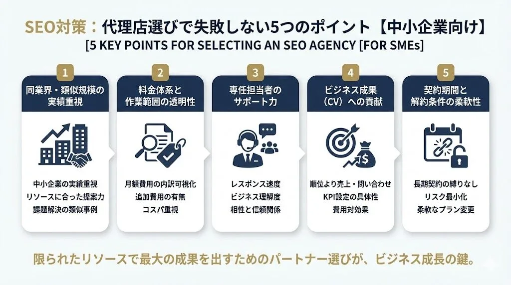 SEO対策の代理店選びで失敗しない5つのポイント【中小企業向け】
