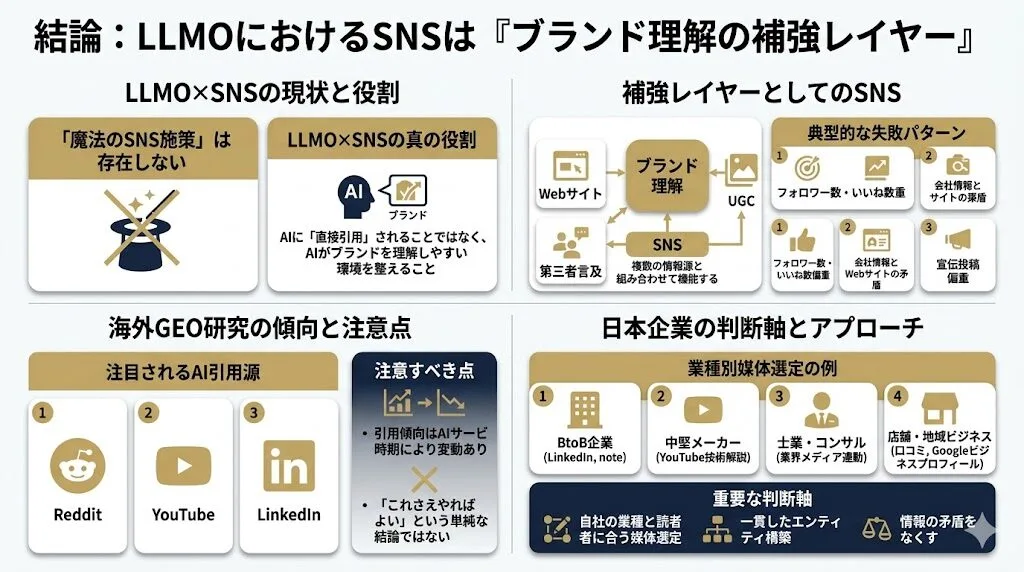 結論:LLMOにおけるSNSはAI引用よりブランド理解を補強する役割が中心