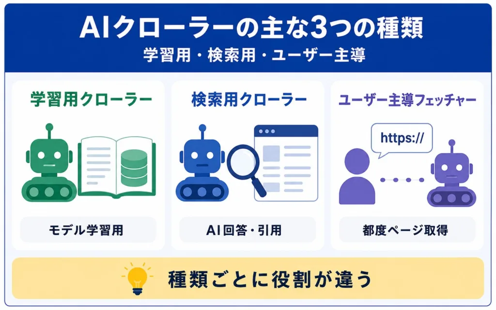 AIクローラーの主な3つの種類|学習用・検索用・ユーザー主導