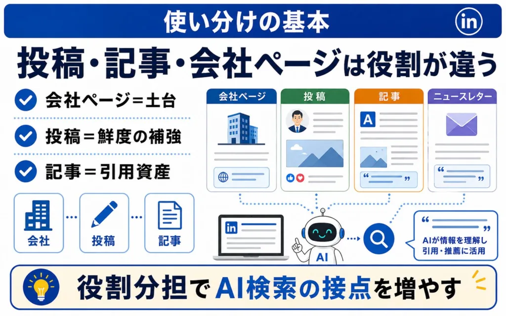 LinkedIn投稿・記事・会社ページの使い分け