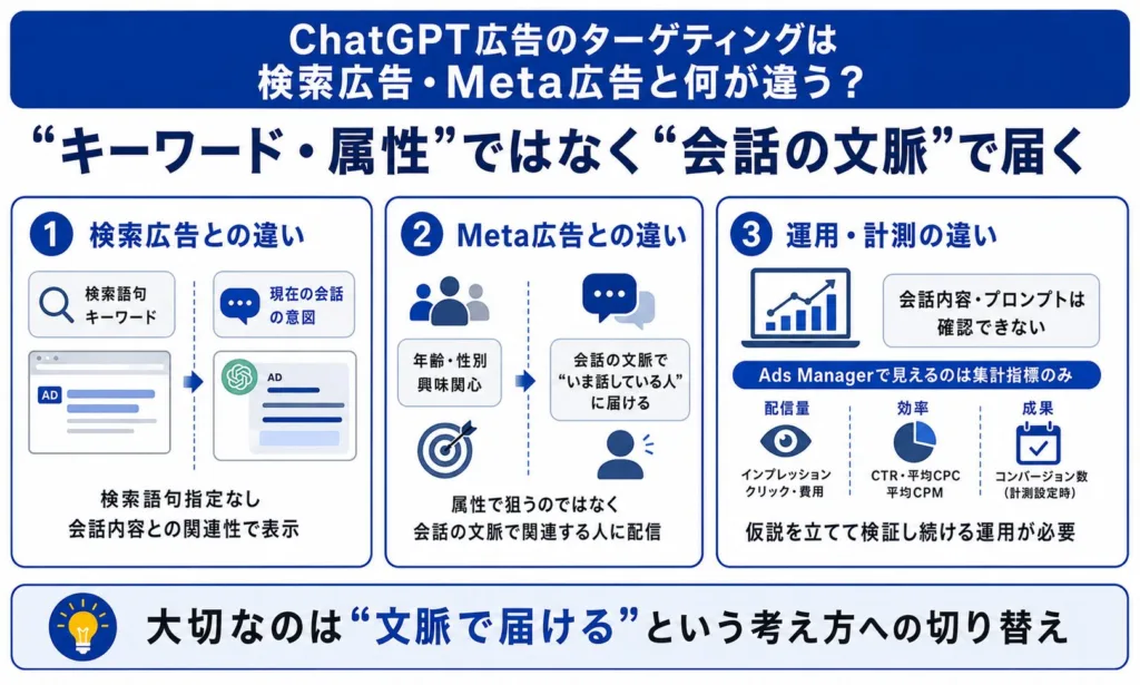 ChatGPT広告のターゲティングは検索広告・Meta広告と何が違う?